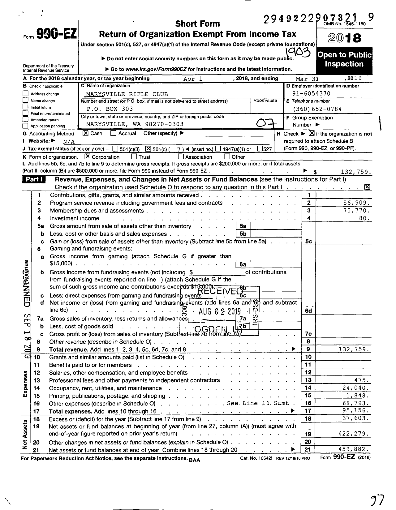 Image of first page of 2018 Form 990EO for Marysville Rifle Club