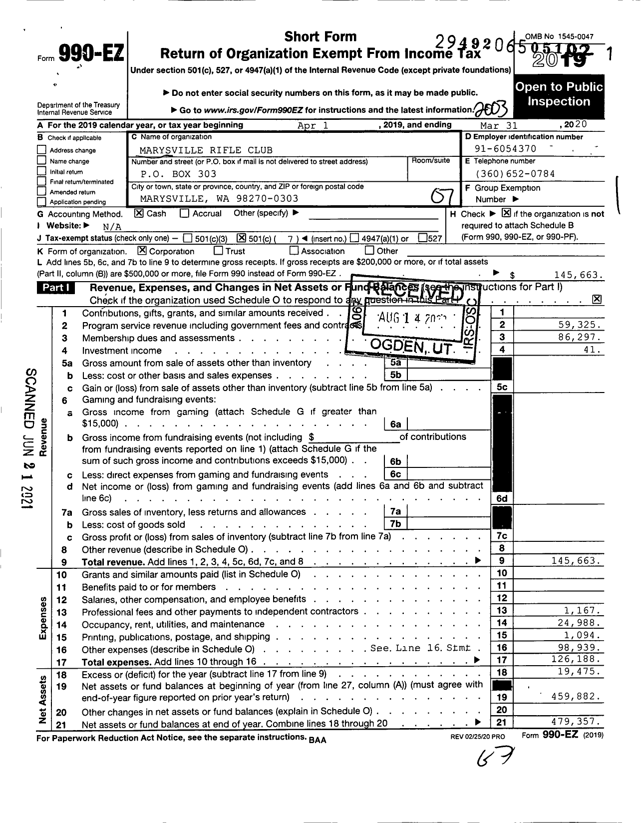 Image of first page of 2019 Form 990EO for Marysville Rifle Club