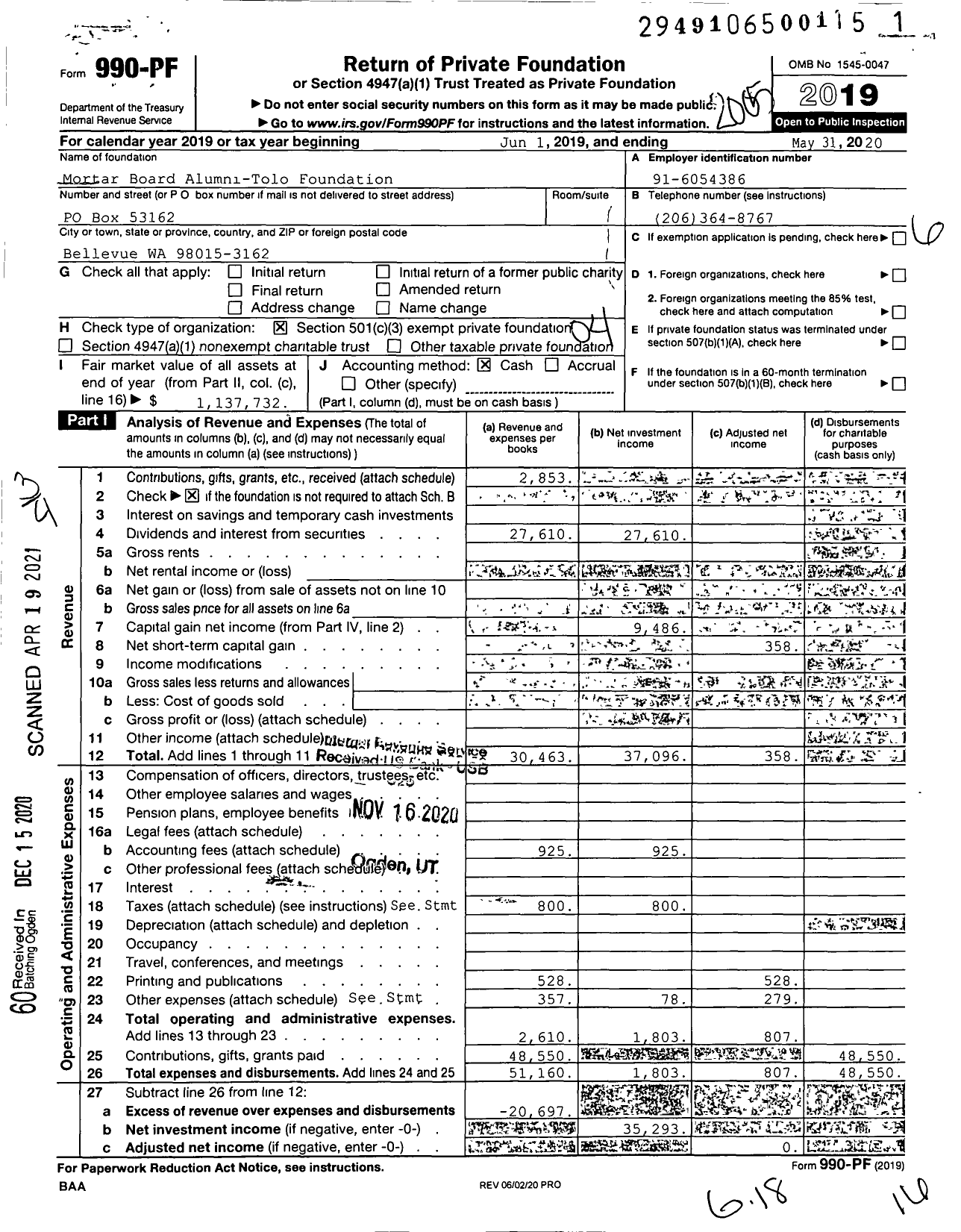 Image of first page of 2019 Form 990PF for Mortar Board Alumni-Tolo Foundation