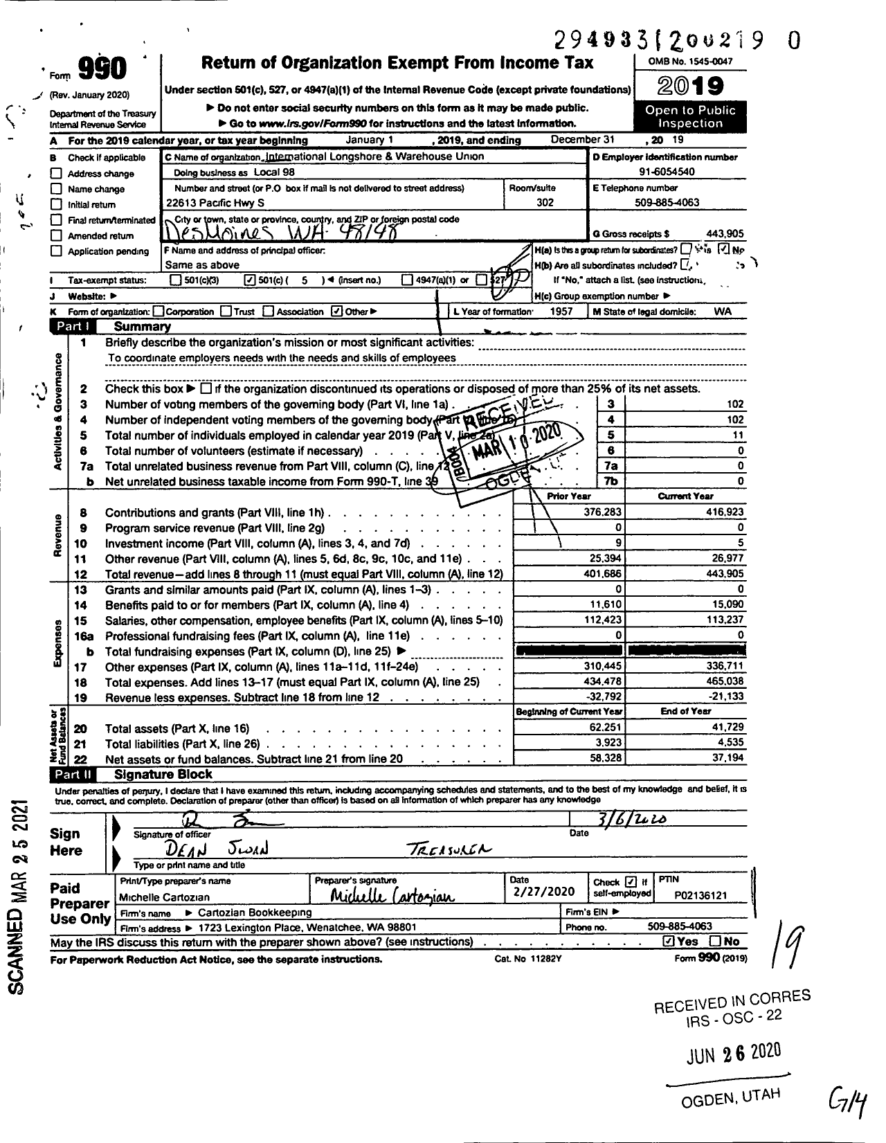 Image of first page of 2019 Form 990O for International Longshore & Warehouse Union - Local 98