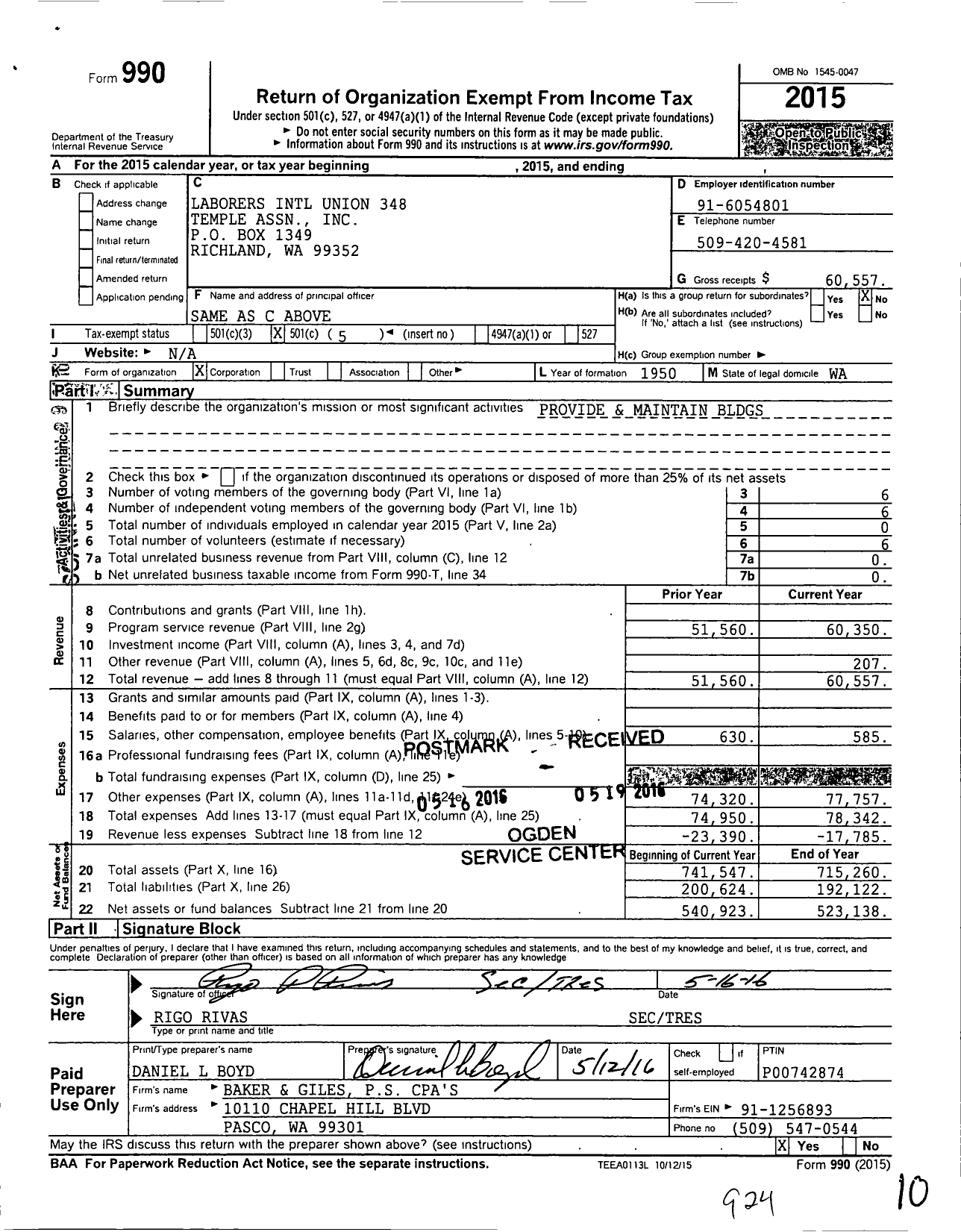 Image of first page of 2015 Form 990O for Laborers Local 348 Temple Association
