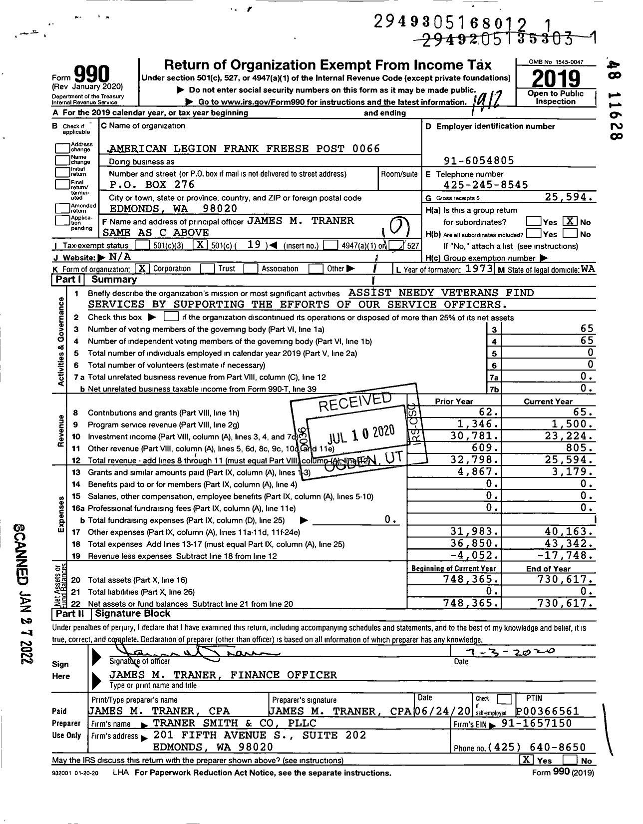 Image of first page of 2019 Form 990O for American Legion Frank Freese Post 0066