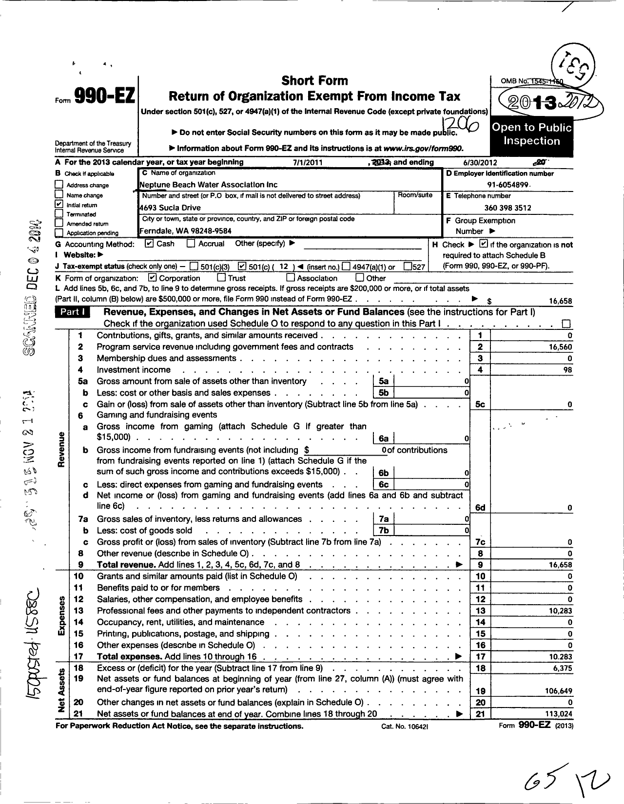 Image of first page of 2011 Form 990EO for Neptune Beach Water Association