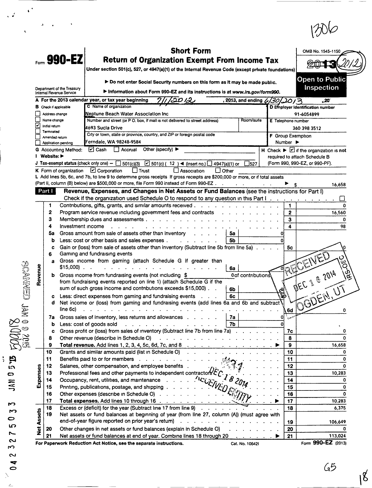 Image of first page of 2012 Form 990EO for Neptune Beach Water Association