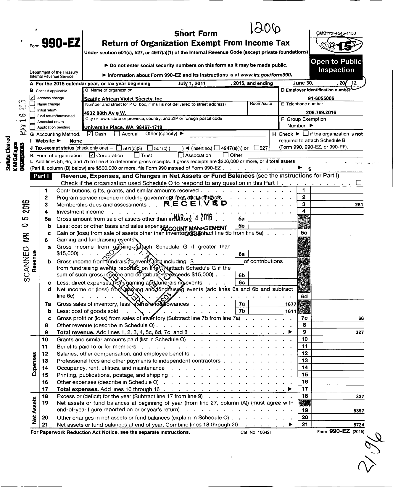 Image of first page of 2011 Form 990EO for Seattle African Violet Society