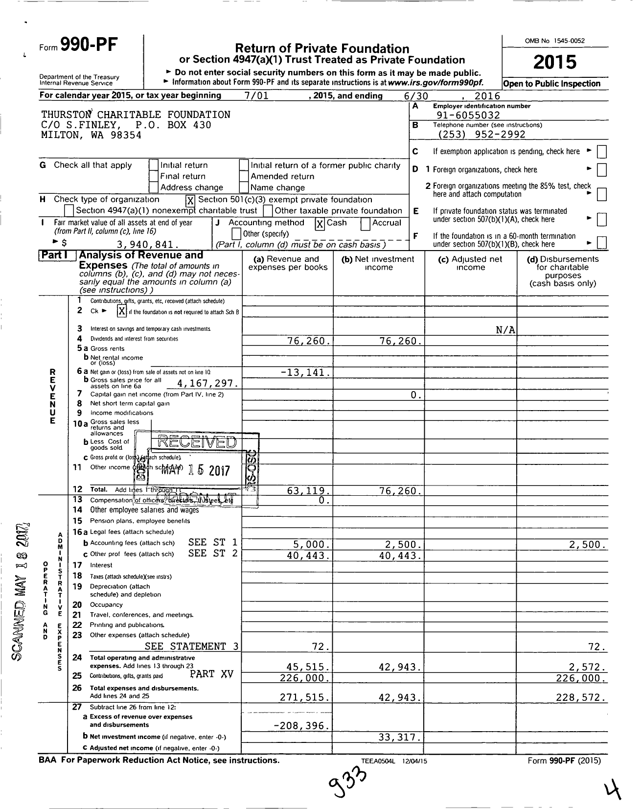 Image of first page of 2015 Form 990PF for Thurston Charitable Foundation