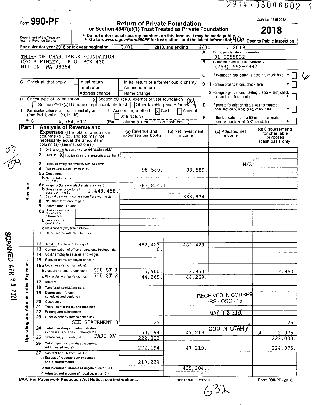 Image of first page of 2018 Form 990PF for Thurston Charitable Foundation