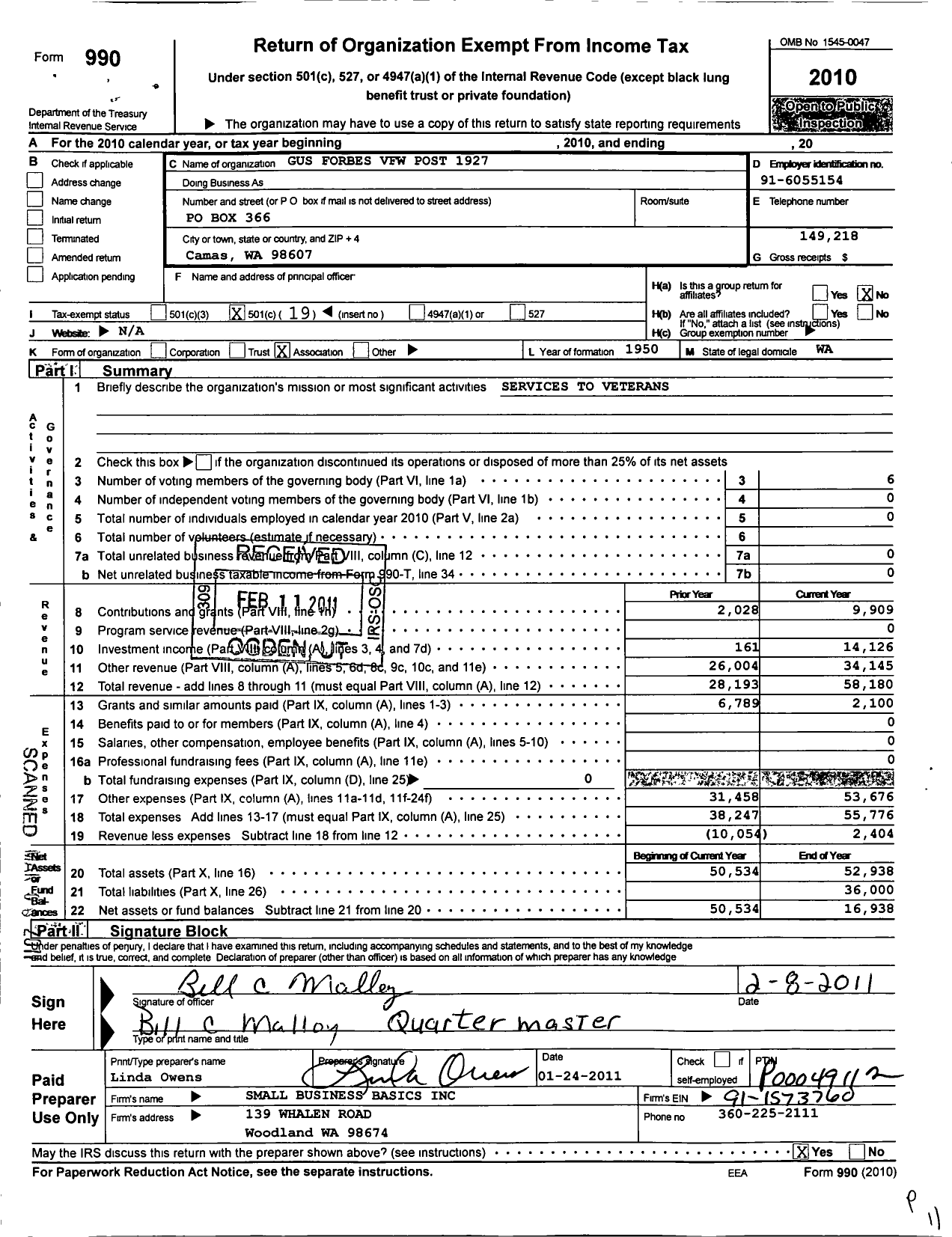 Image of first page of 2010 Form 990O for VFW Department of Washington - 1927 Gus Forbes