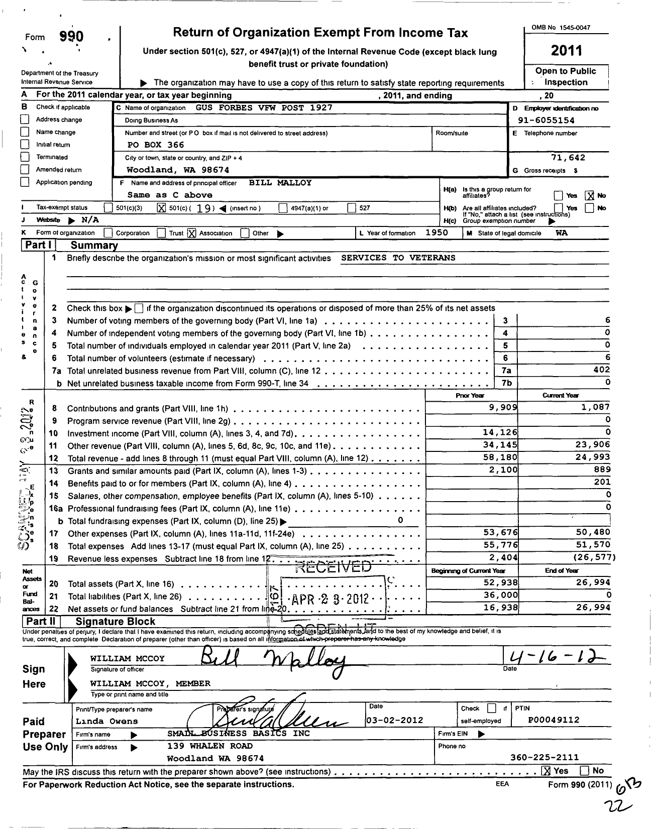 Image of first page of 2011 Form 990O for VFW Department of Washington - 1927 Gus Forbes