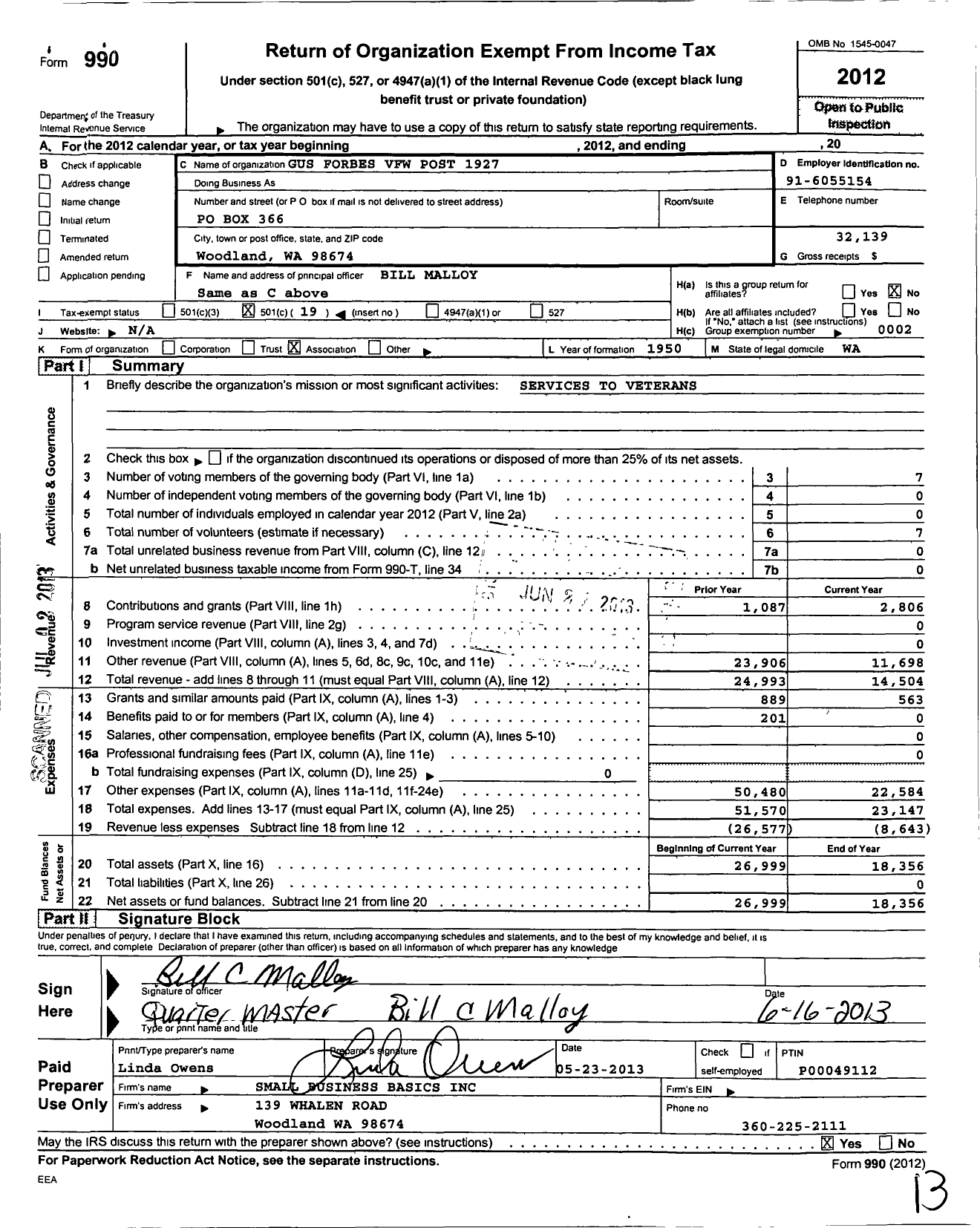 Image of first page of 2012 Form 990O for VFW Department of Washington - 1927 Gus Forbes