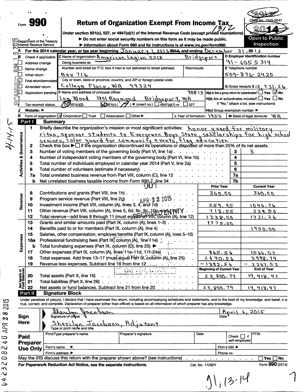 Image of first page of 2013 Form 990O for American Legion - 0218 Bridgeport