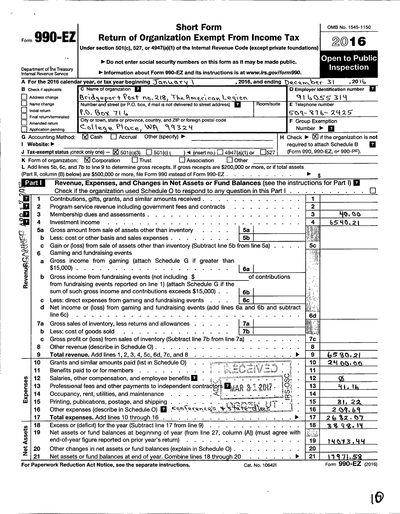 Image of first page of 2016 Form 990EZ for American Legion - 0218 Bridgeport