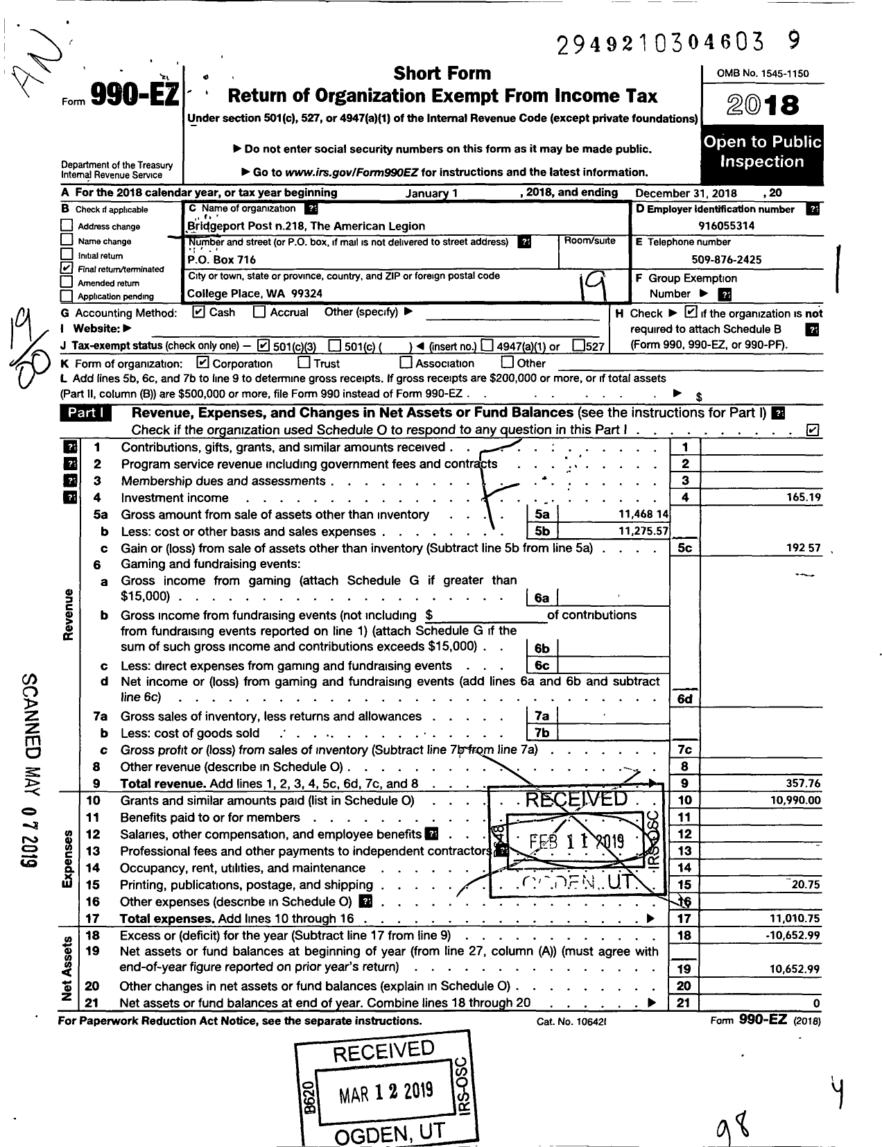 Image of first page of 2018 Form 990EO for American Legion - 0218 Bridgeport