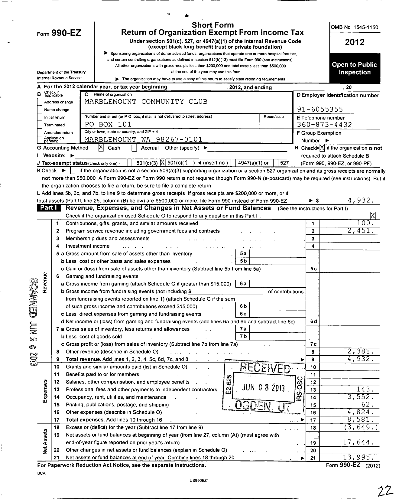 Image of first page of 2012 Form 990EO for Marblemount Community Club