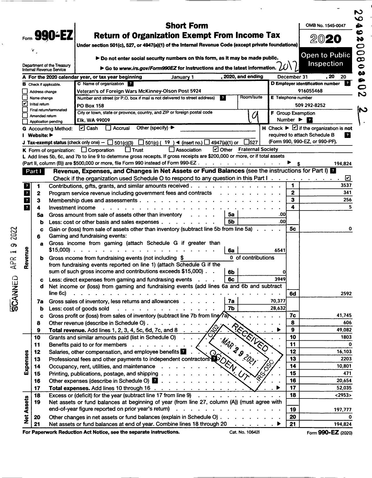 Image of first page of 2020 Form 990EO for VFW Department of Washington - 5924 McKinney-Olson