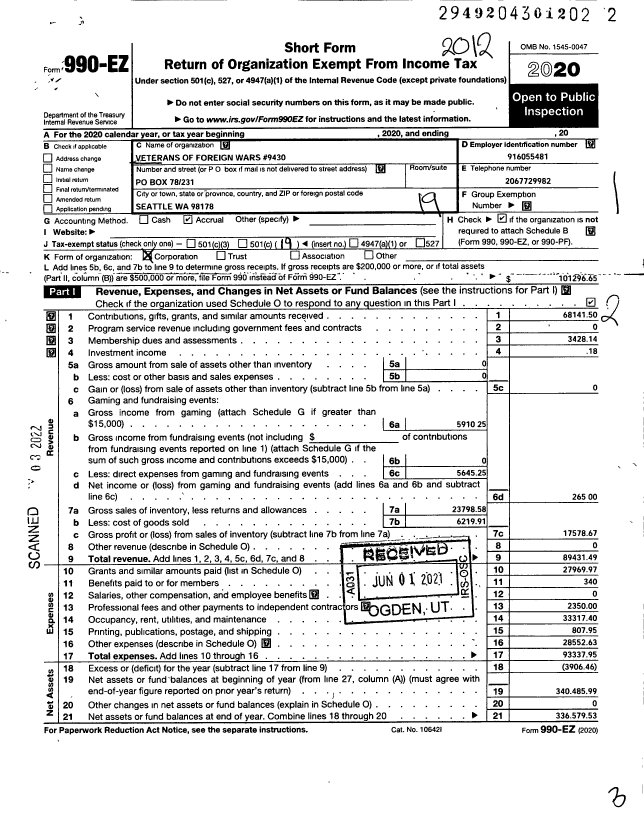 Image of first page of 2020 Form 990EO for VFW Department of Washington - 9430 Skyway