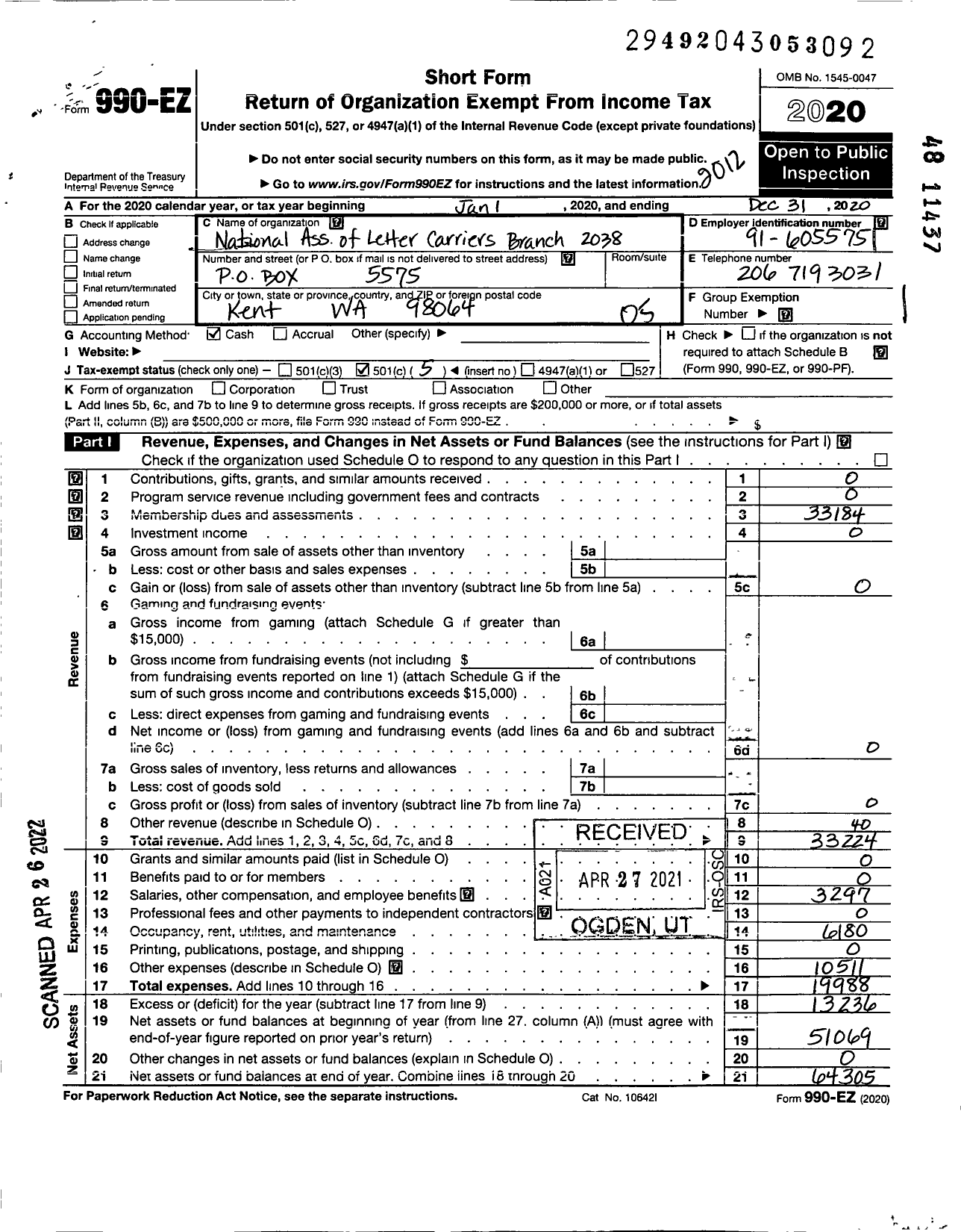 Image of first page of 2020 Form 990EO for NATIONAL ASSOCIATION OF LETTER CARRIERS - 2038 Kent Washington