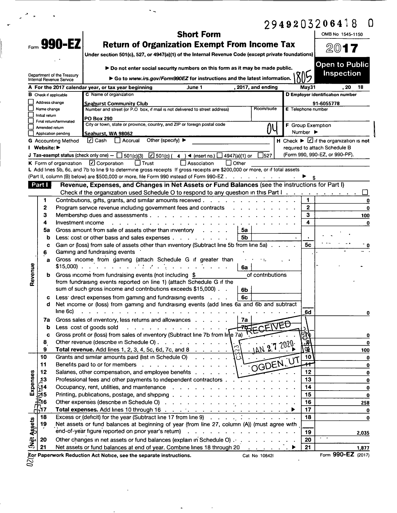 Image of first page of 2017 Form 990EO for Seahurst Community Club