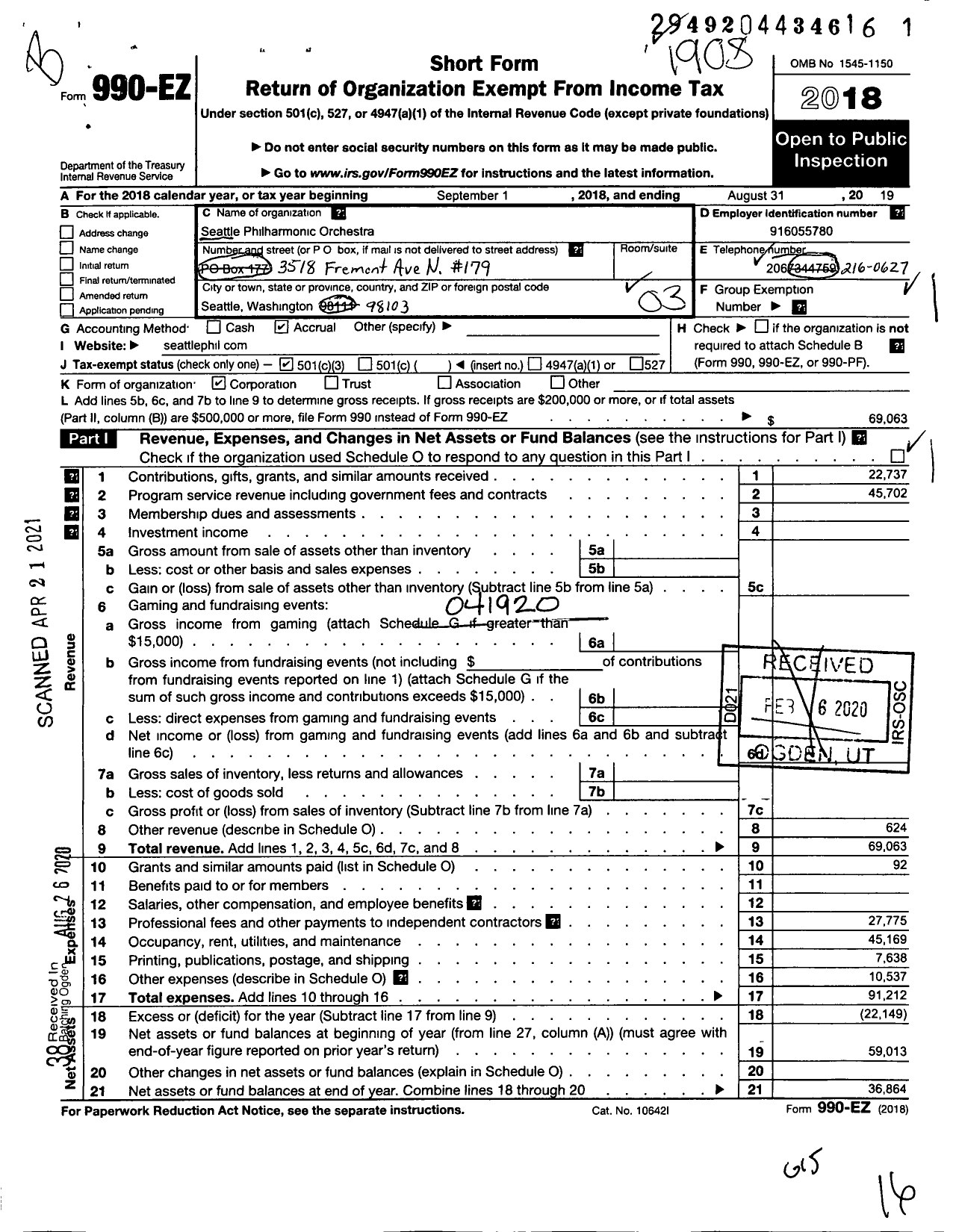 Image of first page of 2018 Form 990EZ for Seattle Philharmonic Orchestra