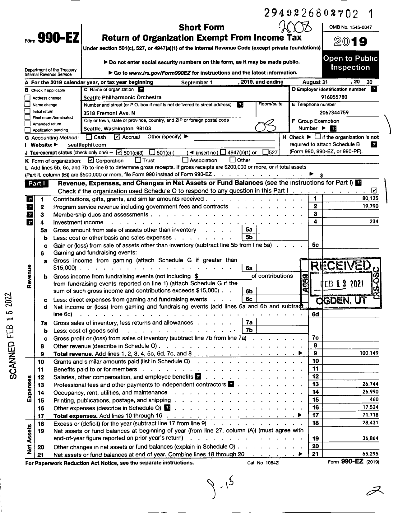 Image of first page of 2019 Form 990EZ for Seattle Philharmonic Orchestra