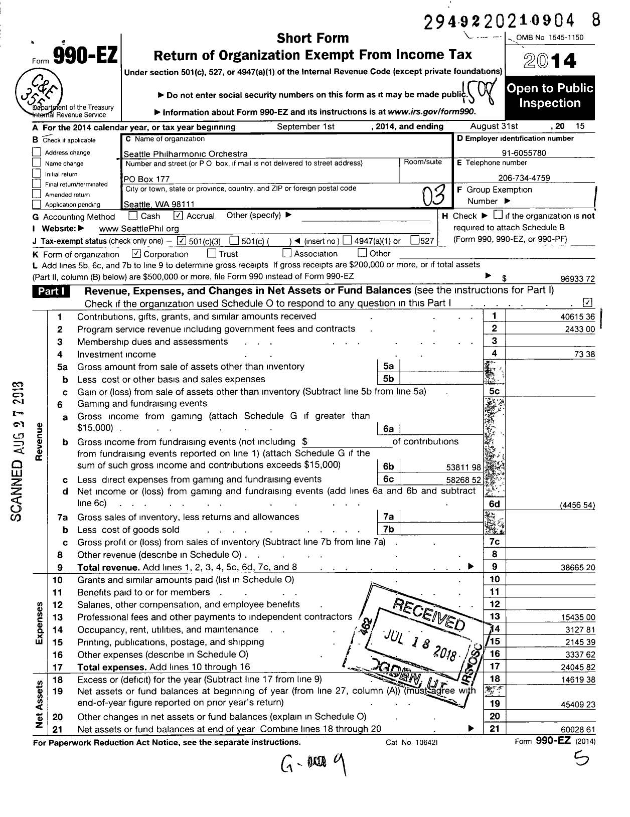 Image of first page of 2014 Form 990EZ for Seattle Philharmonic Orchestra