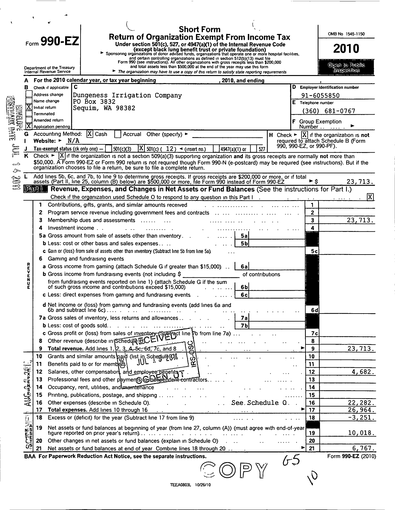 Image of first page of 2010 Form 990EO for Dungeness Irrigation