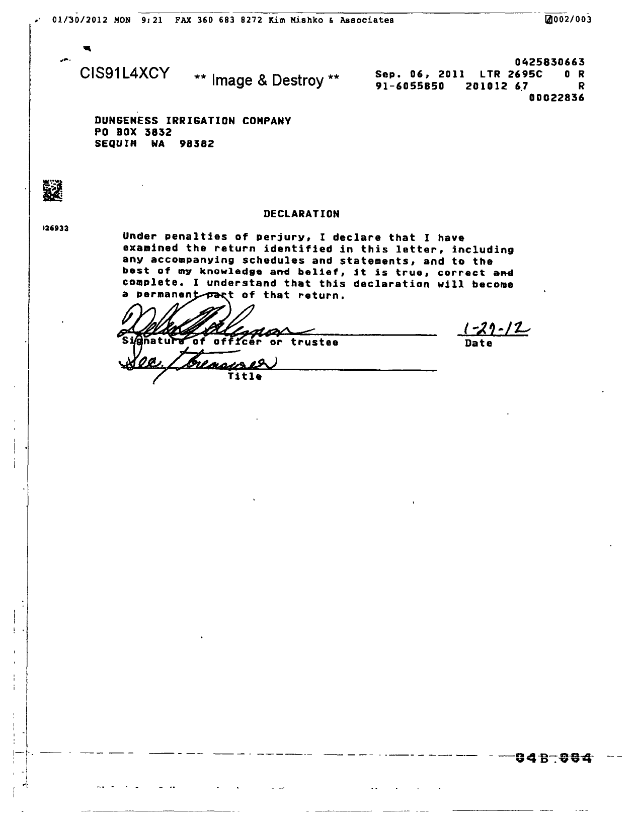 Image of first page of 2010 Form 990EOR for Dungeness Irrigation