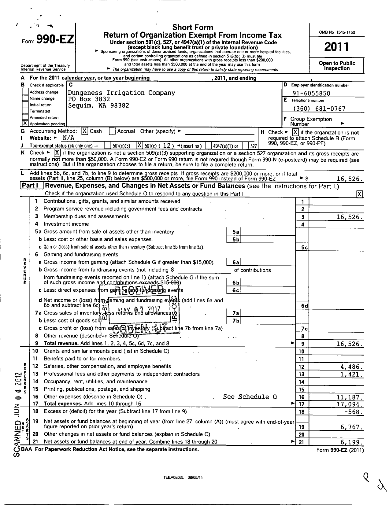 Image of first page of 2011 Form 990EO for Dungeness Irrigation