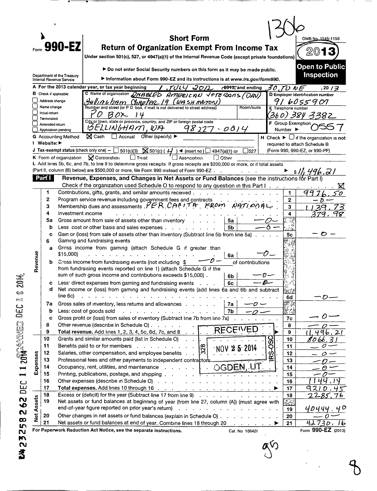 Image of first page of 2012 Form 990EO for Disabled American Veterans Bellingham Chapter 19 Washington