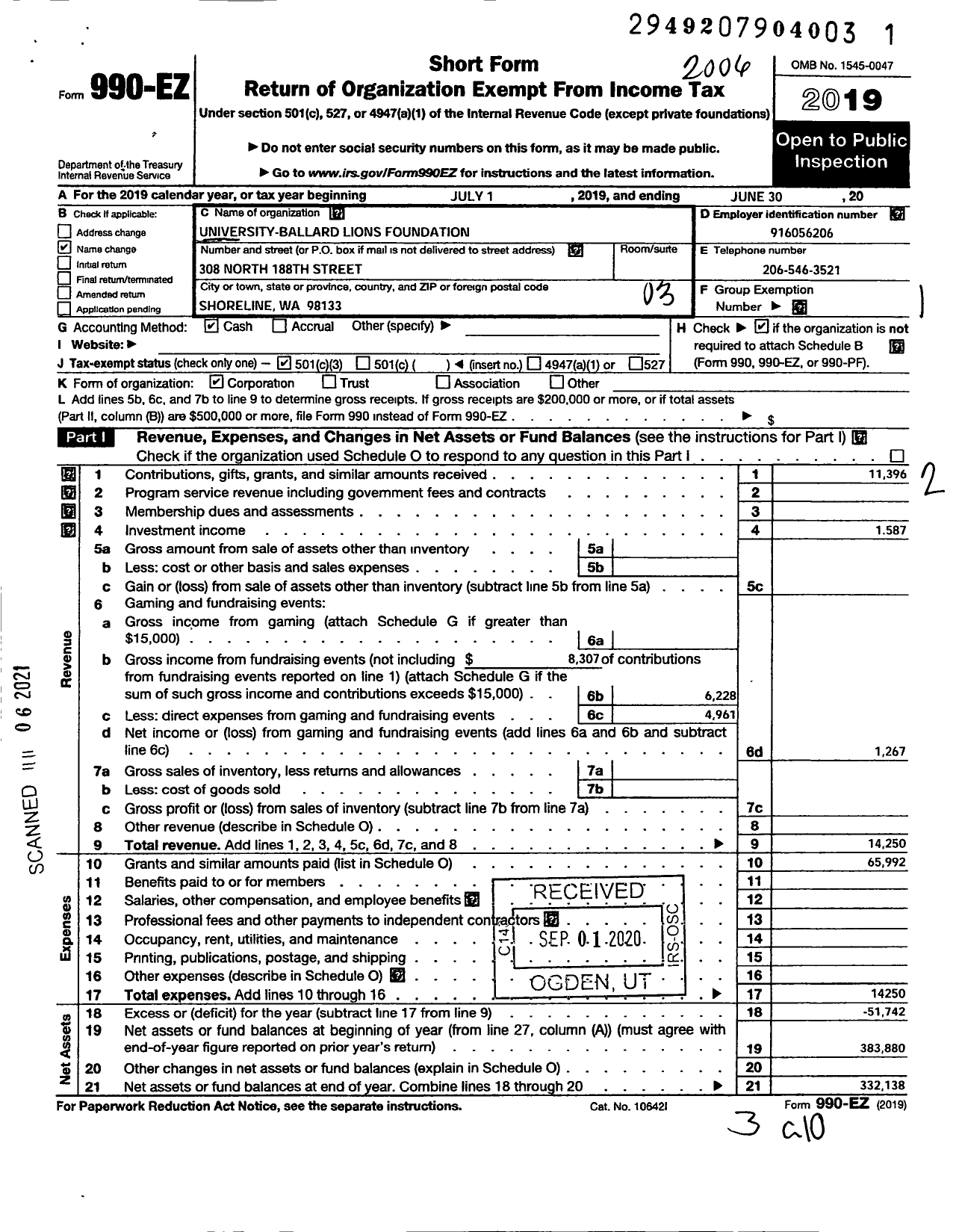 Image of first page of 2019 Form 990EZ for University-Ballard Lions Foundation