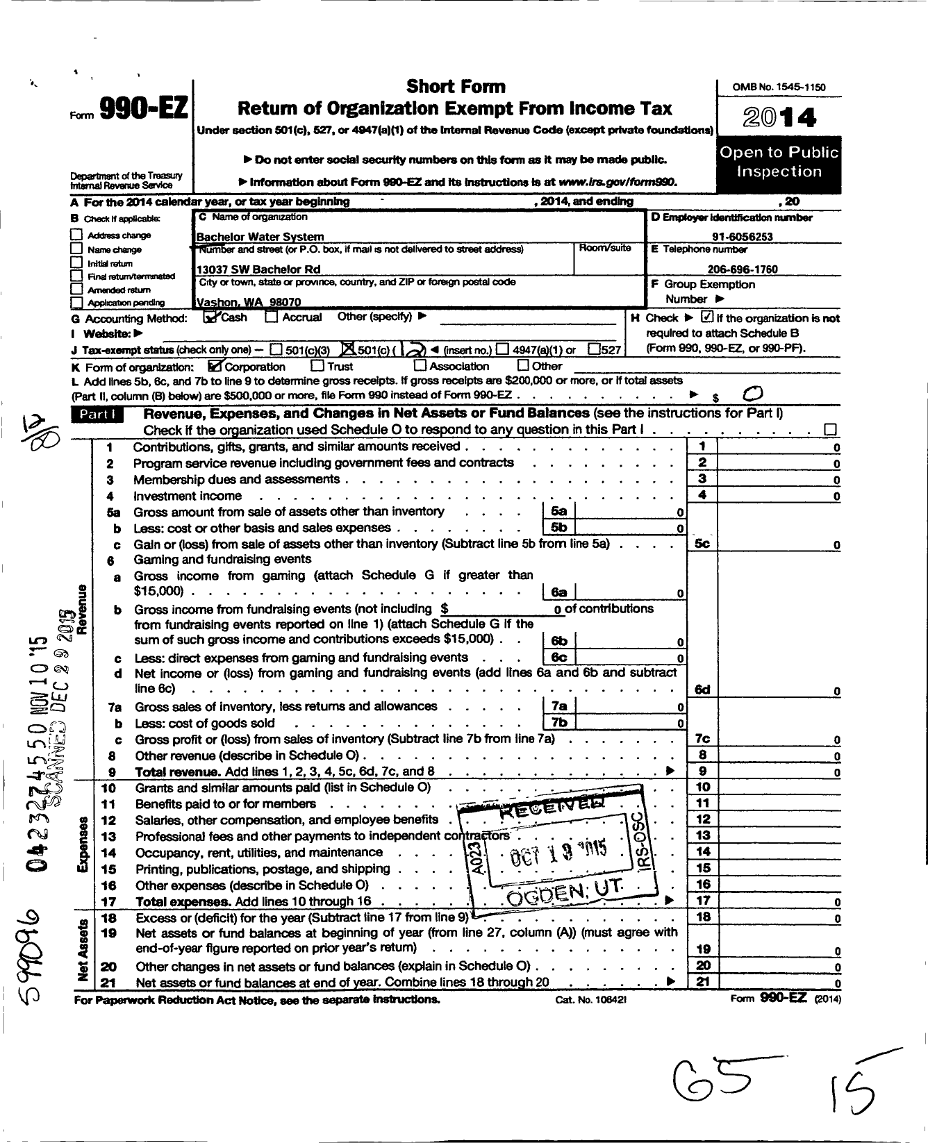 Image of first page of 2014 Form 990EO for Bachelor Water System