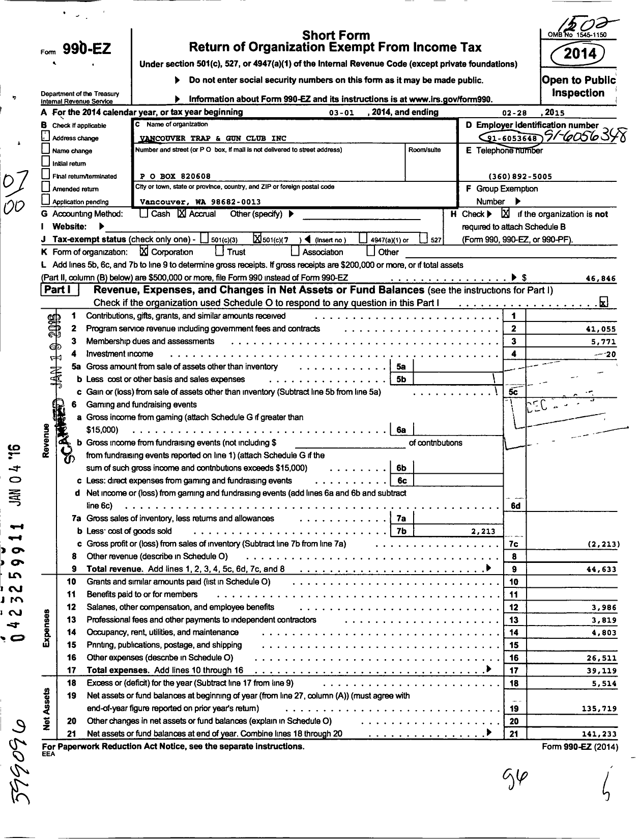 Image of first page of 2014 Form 990EO for Vancouver Trap and Gun Club