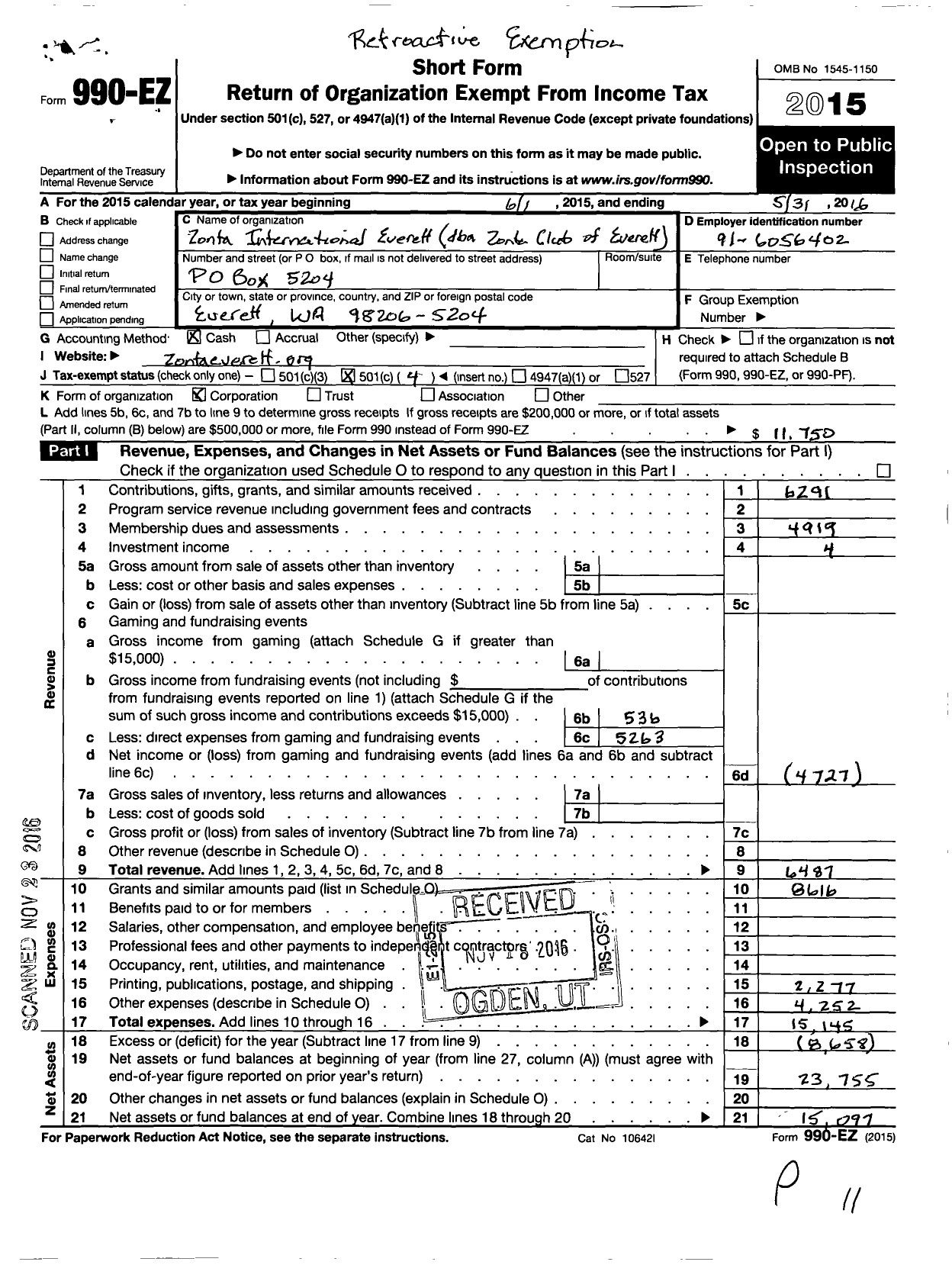 Image of first page of 2015 Form 990EO for Zonta International / Everett