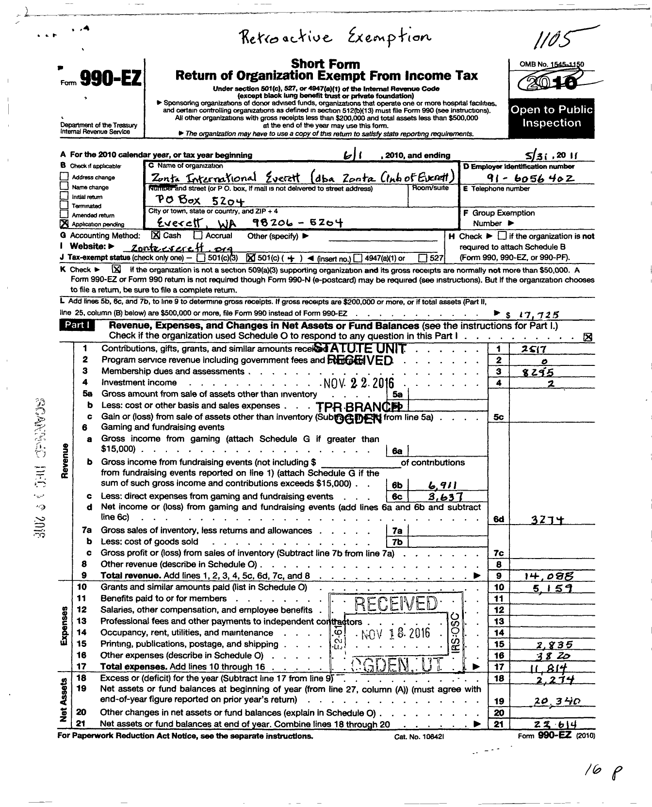 Image of first page of 2010 Form 990EO for Zonta International / Everett