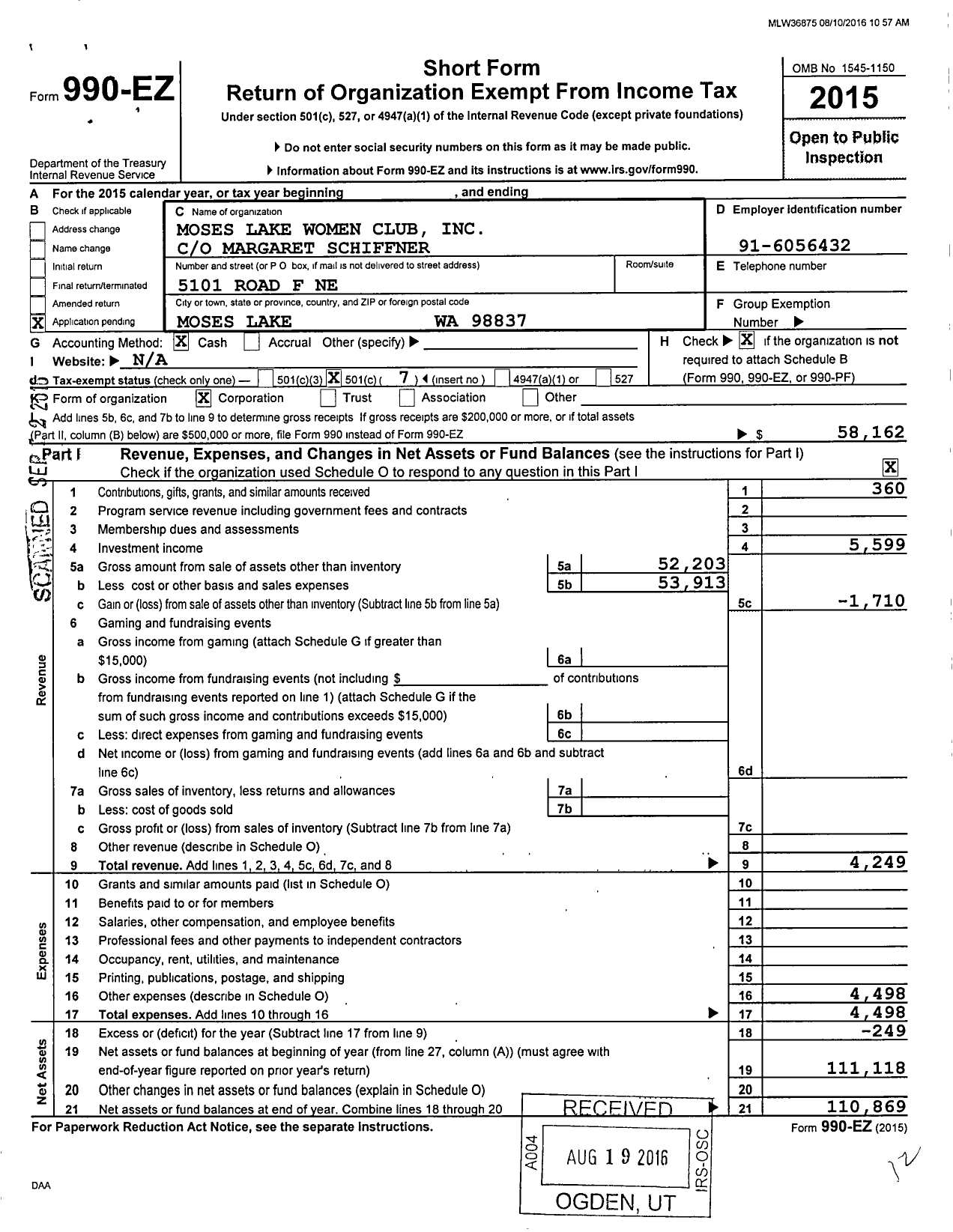 Image of first page of 2015 Form 990EO for Moses Lake Women Club