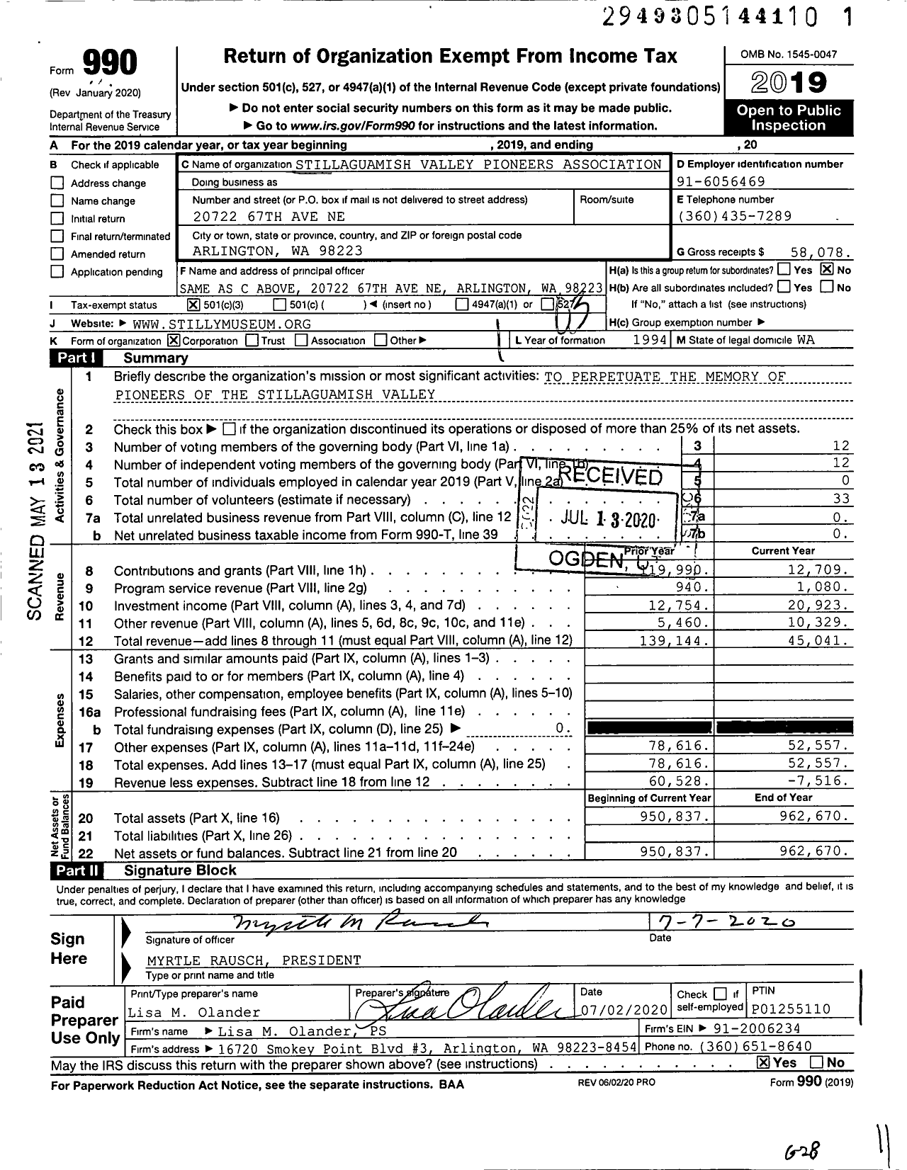Image of first page of 2019 Form 990 for Stillaguamish Valley Pioneers Association