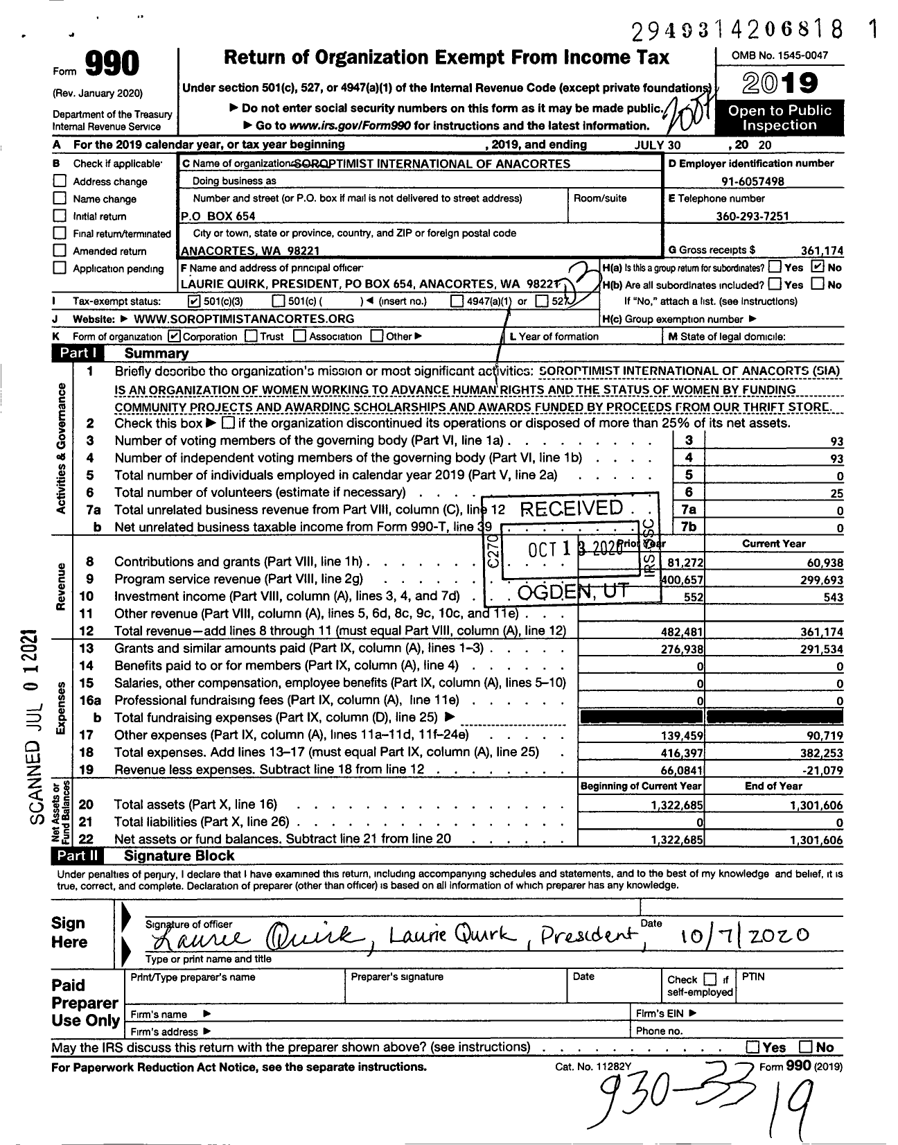 Image of first page of 2019 Form 990 for Soroptimist International of the Americas - 111101 Anacortes Wa