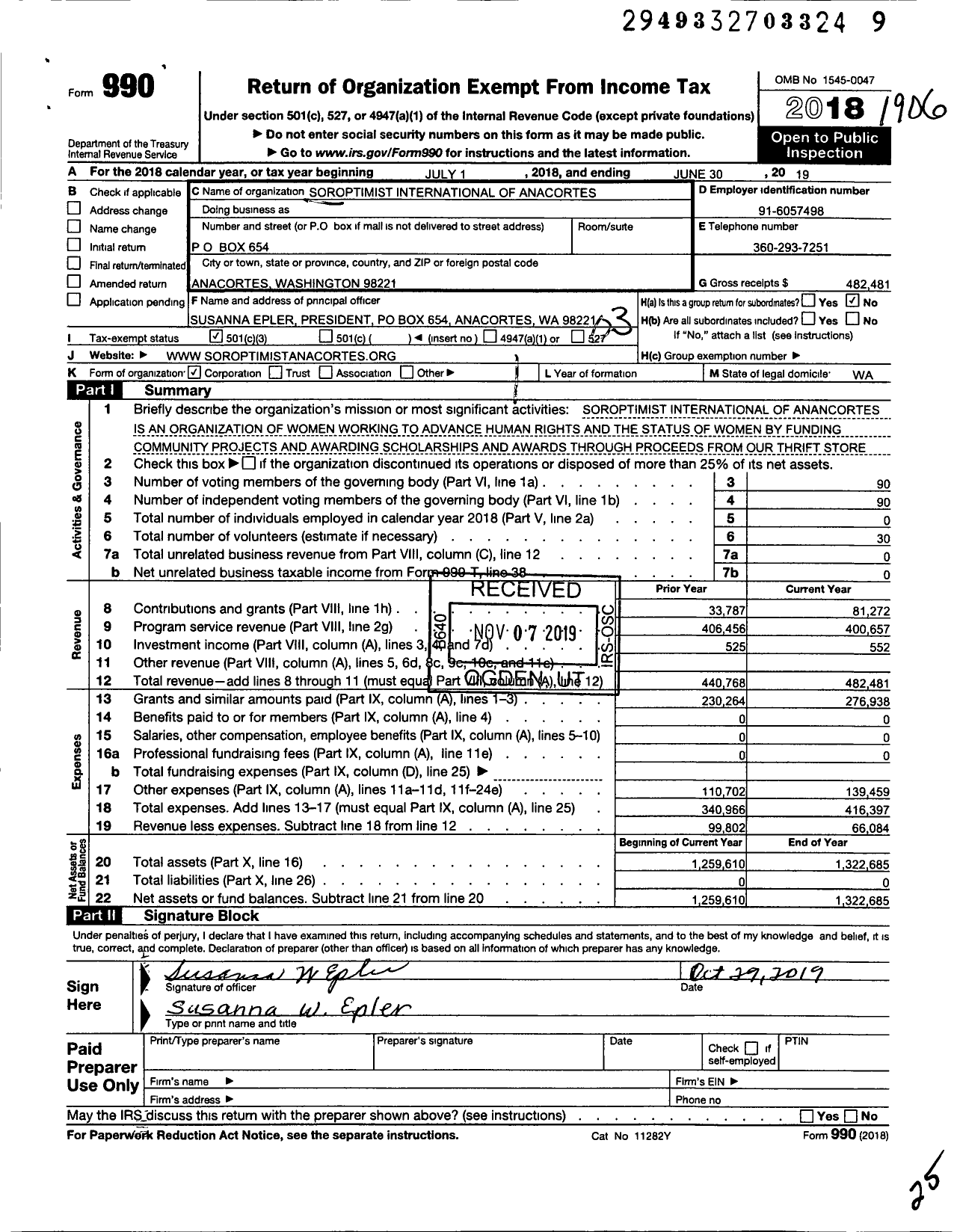 Image of first page of 2018 Form 990 for Soroptimist International of the Americas - 111101 Anacortes Wa