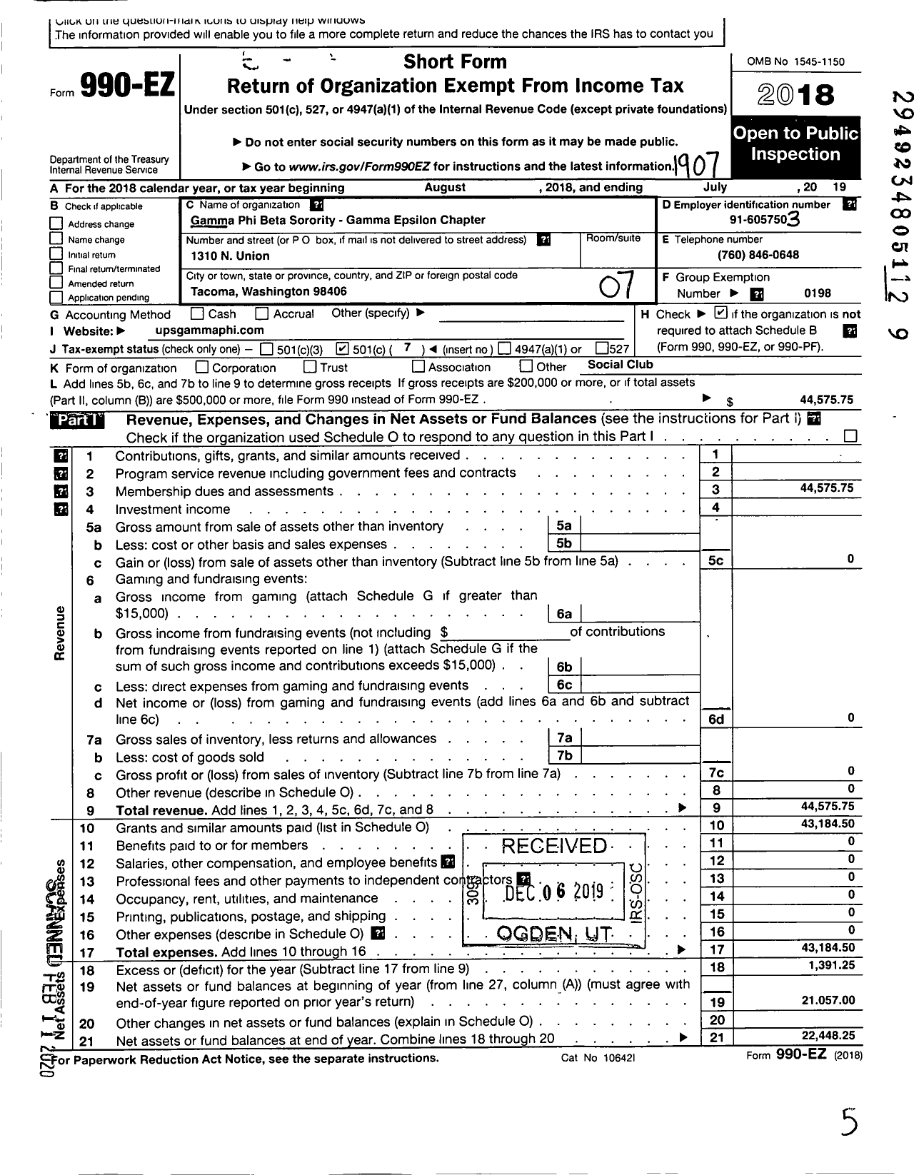 Image of first page of 2018 Form 990EO for Gamma Phi Beta Sorority - Gamma Epsilon Chapter