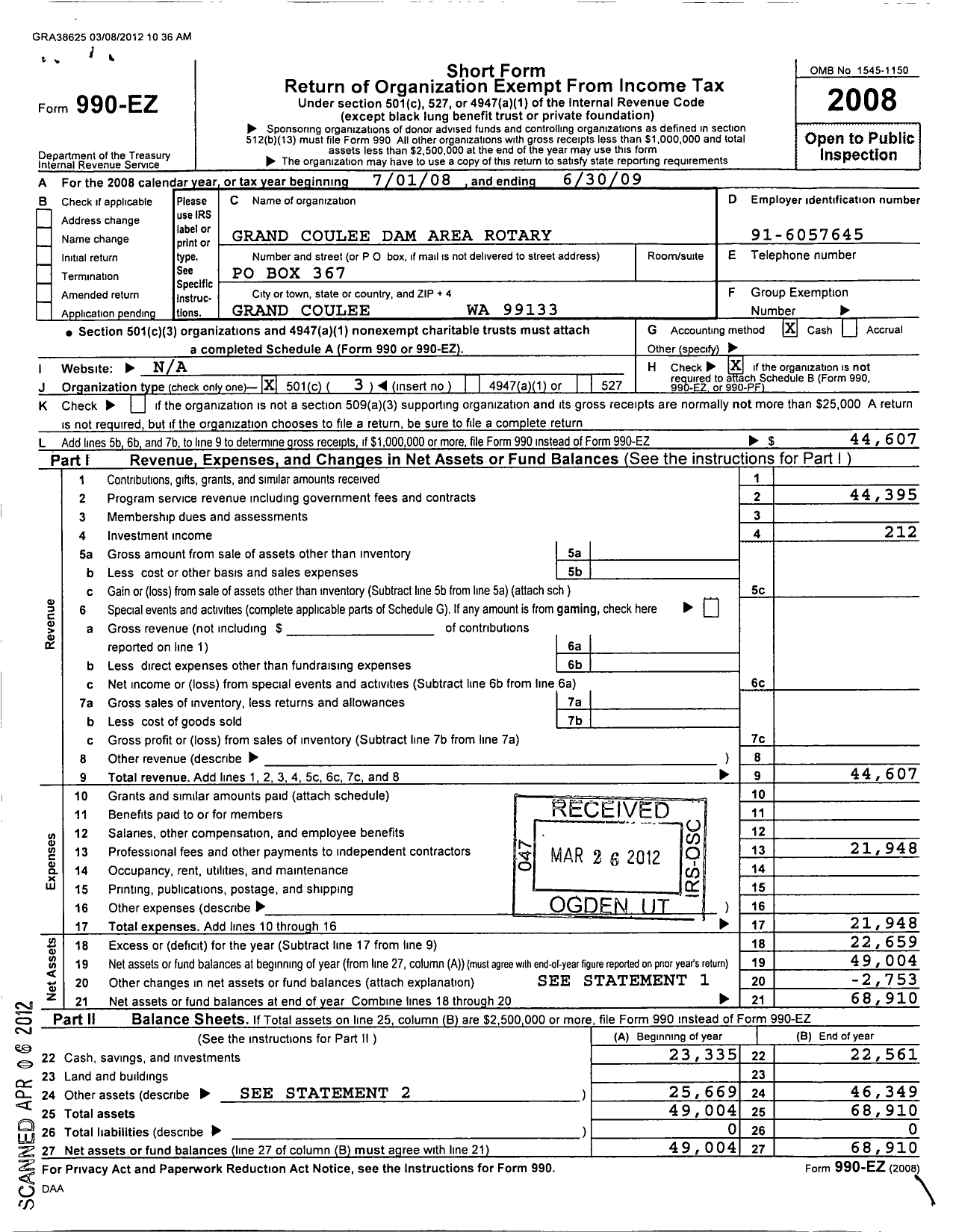 Image of first page of 2008 Form 990EZ for Rotary International - Grand Coulee Dam Rotary Club