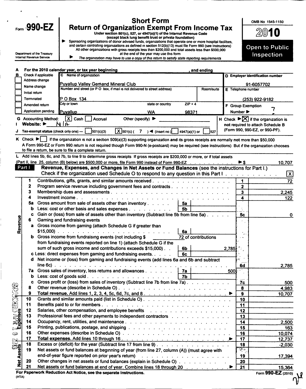 Image of first page of 2010 Form 990EO for Puyallup Valley Gem and Mineral Club