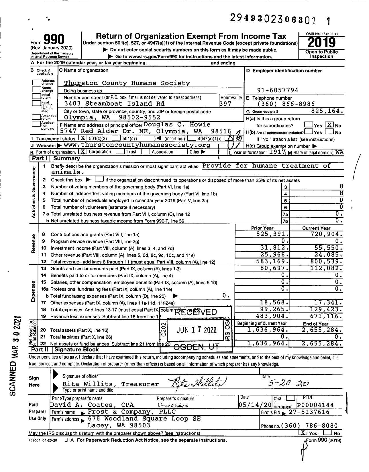 Image of first page of 2019 Form 990 for Thurston County Humane Society