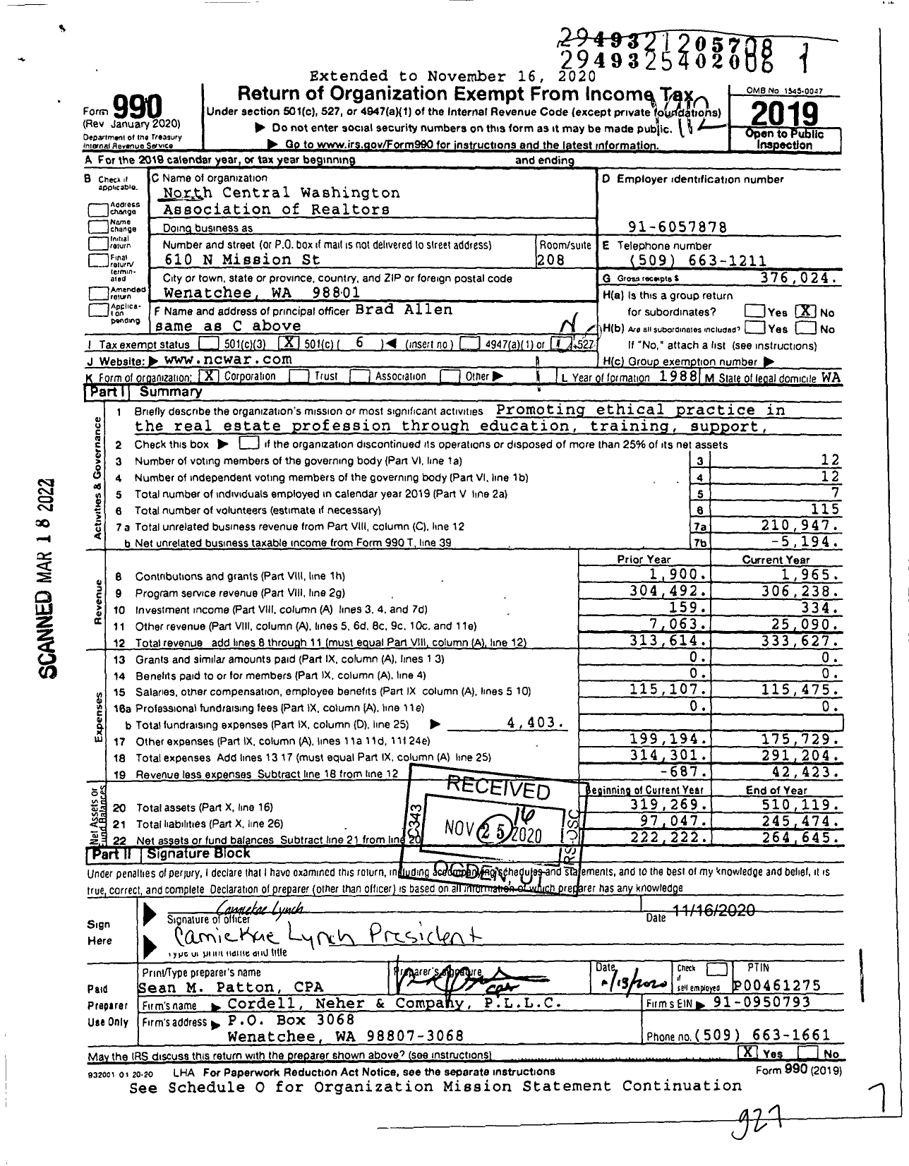 Image of first page of 2019 Form 990O for North Central Washington Association of Realtors