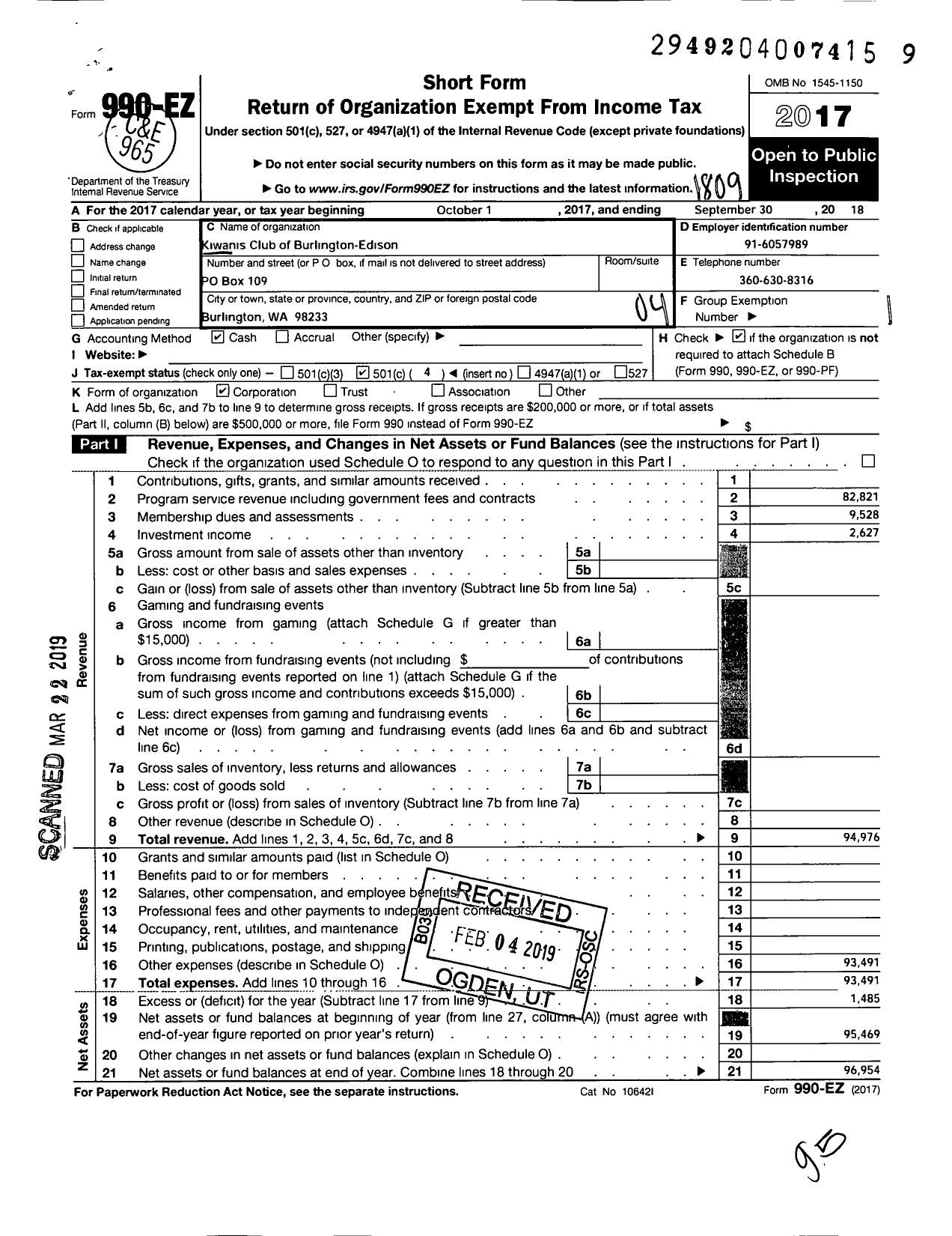 Image of first page of 2017 Form 990EO for Kiwanis International - K03229 Burlington-Edison