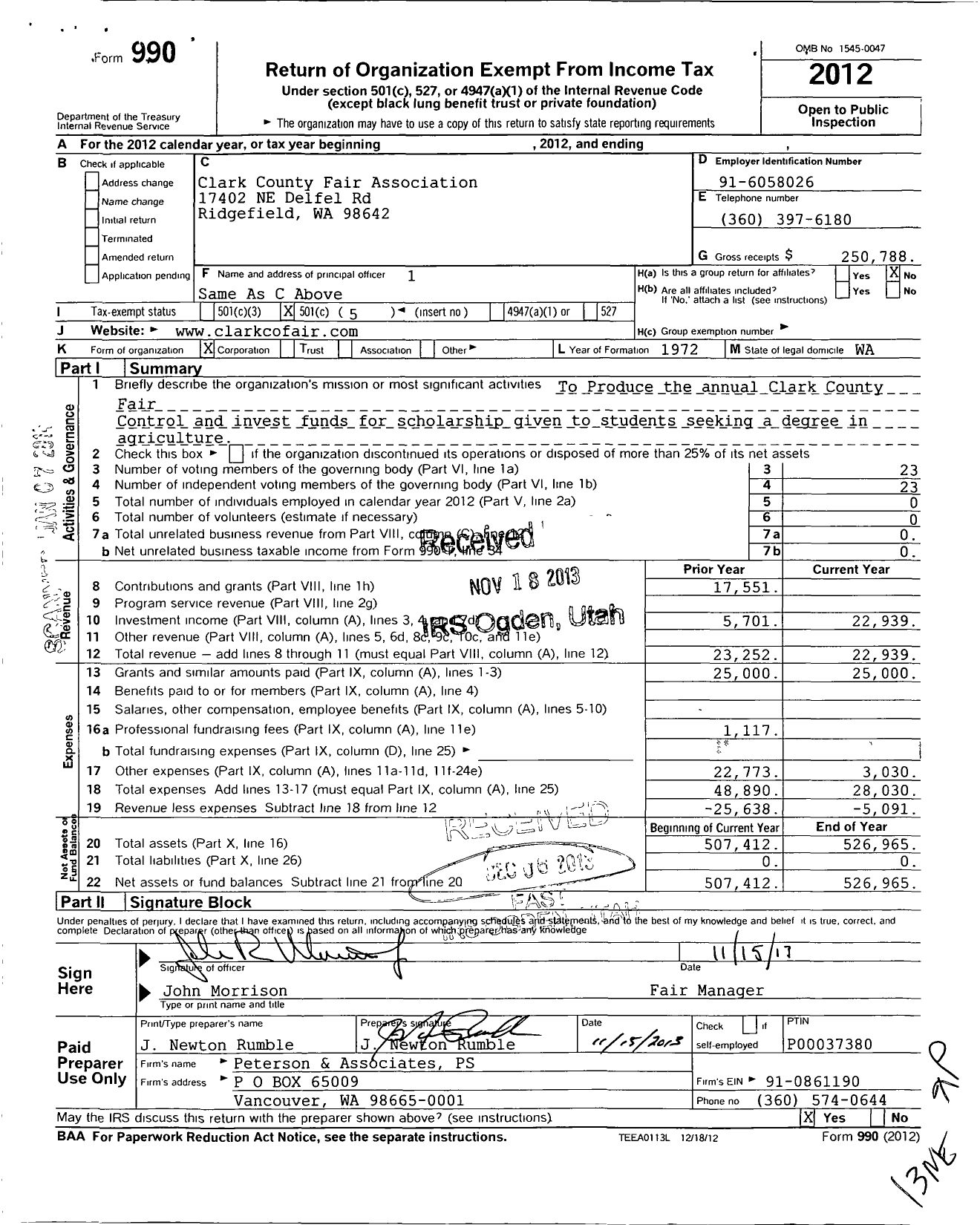 Image of first page of 2012 Form 990O for Clark County Fair Association