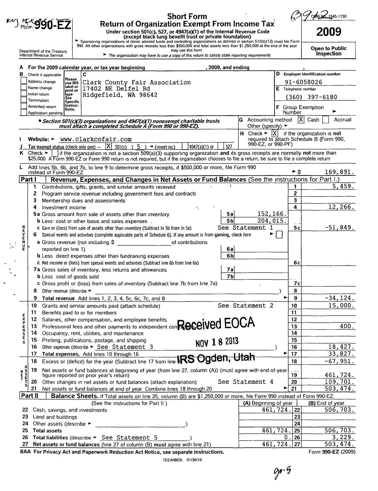 Image of first page of 2009 Form 990EO for Clark County Fair Association