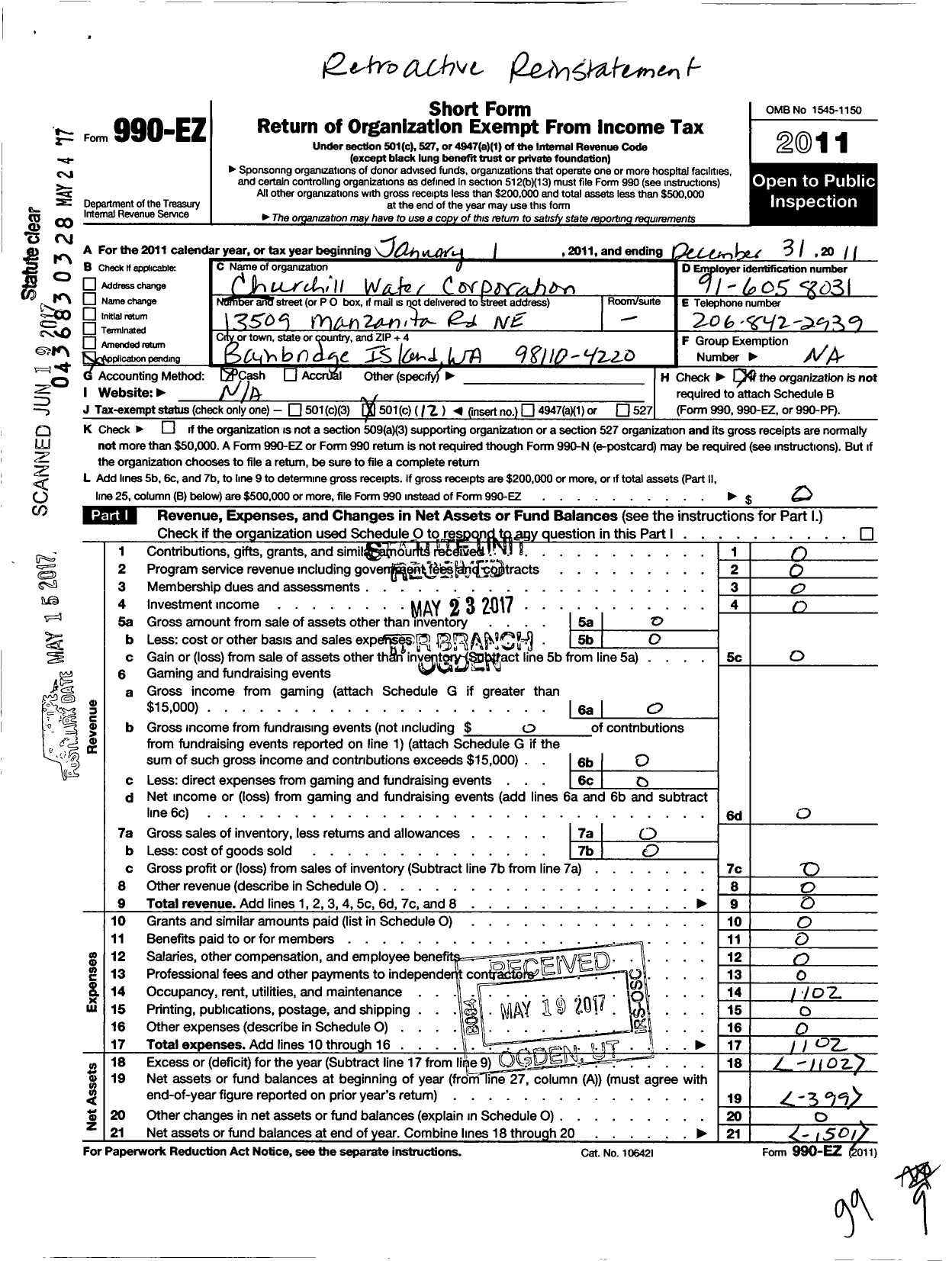 Image of first page of 2011 Form 990EO for Churchill Water Corportion