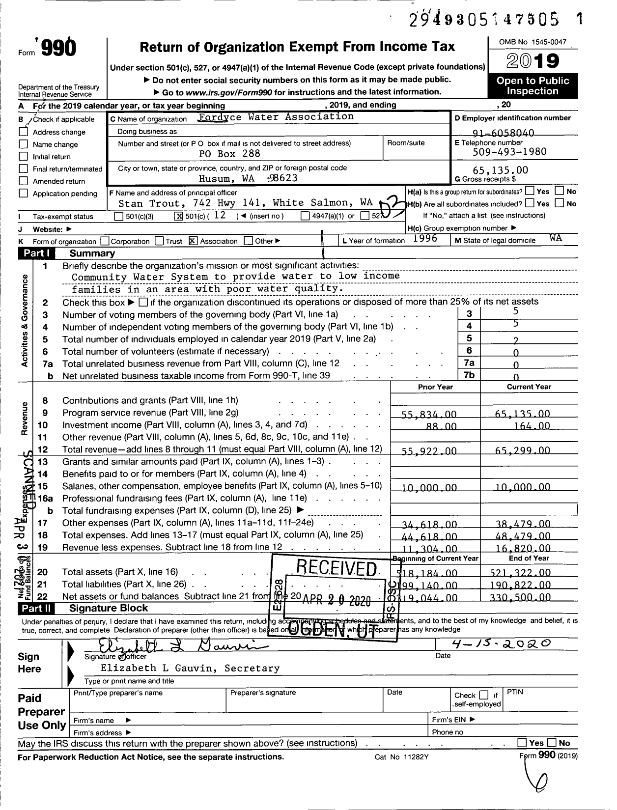 Image of first page of 2019 Form 990 for Fordyce Water Association