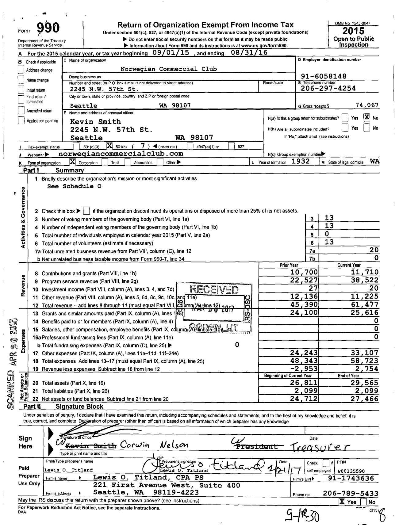 Image of first page of 2015 Form 990O for Norwegian Commercial Club