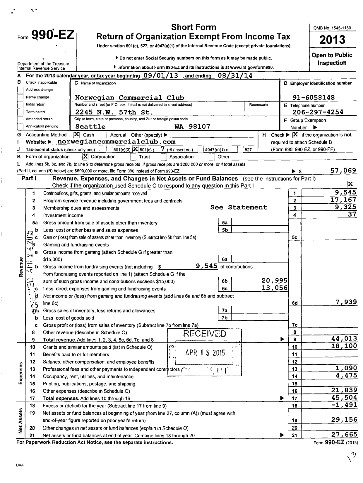 Image of first page of 2013 Form 990EO for Norwegian Commercial Club